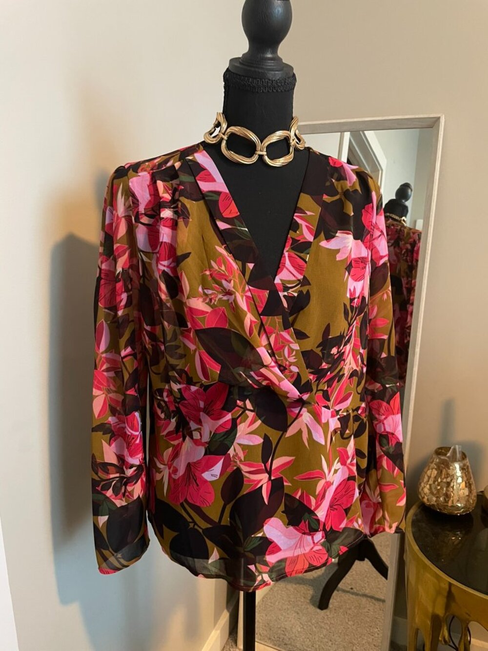 Cabi Floral Wrap Blouse – Pink & Olive Long Sleeve V‑Neck Top